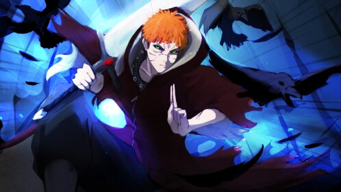 Official Bloodlines artwork featuring a shinobi with blue energy and dark birds